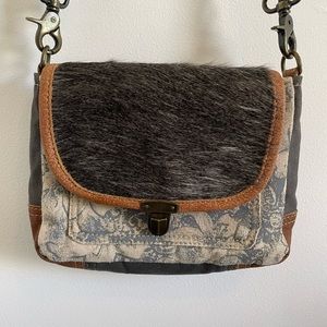 Myra Bag Crossbody Cowhide Purse Gray Brown Southern Cowgirl Renaissance Canvas